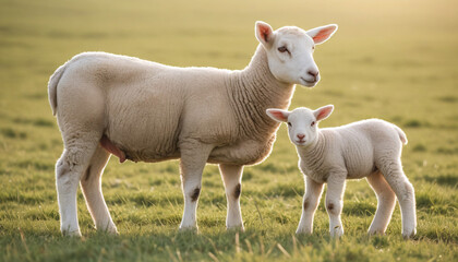 Sheep and Lamb Enjoying the Golden Hour