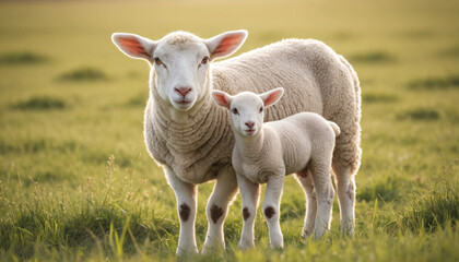 Sheep and Lamb Enjoying the Golden Hour