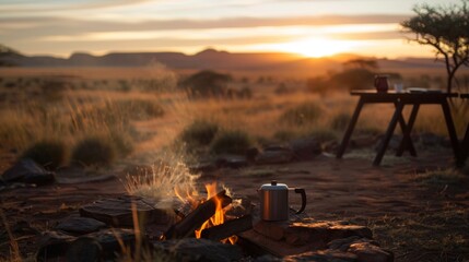 An early morning sunrise over the desert with guests waking up to the sounds of birds and the smell of fresh coffee brewing on an open fire. 2d flat cartoon.
