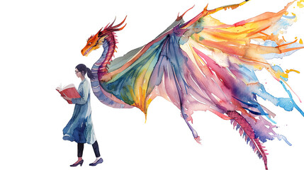 Woman walking while reading a book with wings on white background in watercolor style.