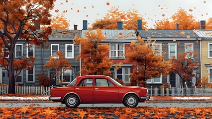 A red car cruises through a picturesque midwest town as autumn leaves drift down. Concept Road Trip, Americana, Midwestern Scenery, Fall Foliage, Vintage Car - obrazy, fototapety, plakaty