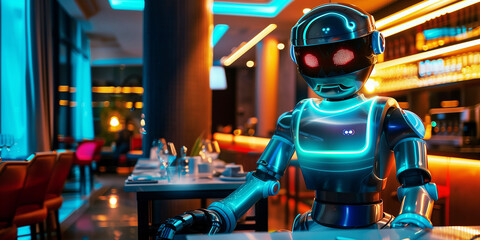 robot technology as waiter in modern restaurant. - obrazy, fototapety, plakaty