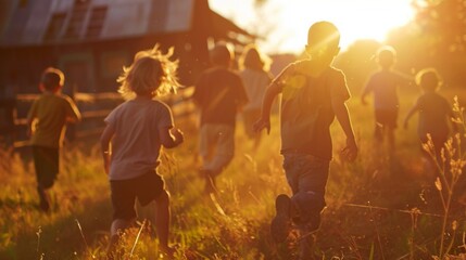 A group of children play a game of tag in the barnyard energetic movements captured as they run away from the camera. The sun . .