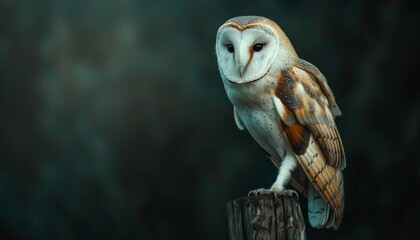 A barn owl is perched on a wooden post, looking out over a field. The owl is well-camouflaged, and its feathers are blending in with the colors of the wood and the field.