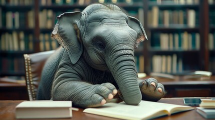An elephant is sitting at a desk in a library, reading a book.