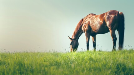 A beautiful brown horse is grazing in a lush green field on a sunny day