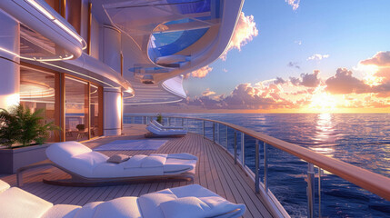 A luxurious cruise ship with a beautiful view of the ocean