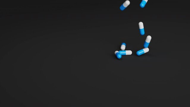 White and blue pills falling on black background in slow motion. Drugs, pills, tablets, medicine concept. 3d render animation