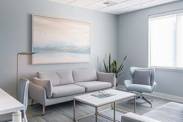 Soft, muted tones create a tranquil atmosphere in a contemporary office space, punctuated by a pristine white frame hinting at the potential for boundless creativity.