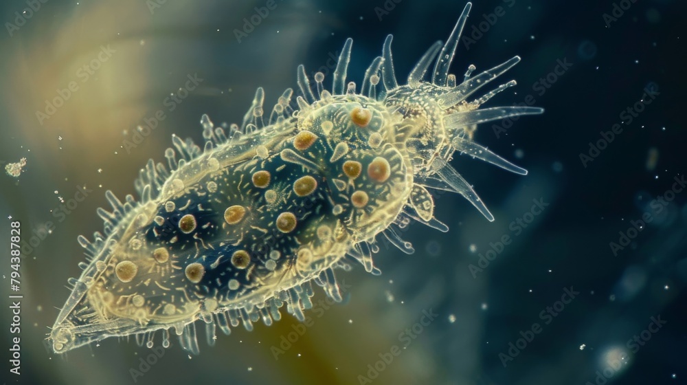 Poster a microscopic view of a rotifer its body covered in cilia that move in a synchronized waving motion 