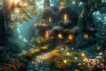 enchanted fairy forest landscape. Fantasy background. Fairy tale forest gnome house