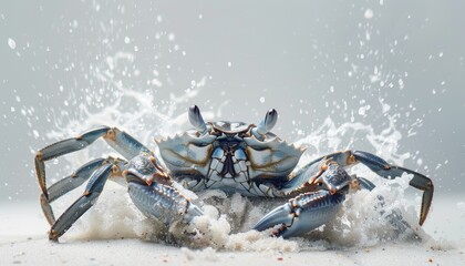 A blue crab emerges from the sand on the beach. - obrazy, fototapety, plakaty