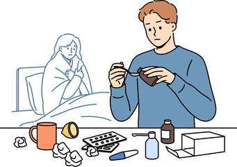 Man helps woman recover by pouring medicinal syrup and preparing flu pills, standing near bed with sick wife. Guy caregiver takes care of sick sister suffering from infection or virus.