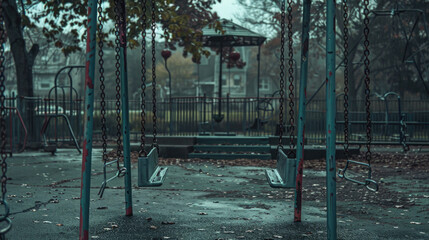 A swing set is empty and the chains are rusty