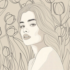 Elegant Monochromatic Line Art of a Woman with Obscured Face Among Blooming Tulips
