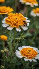 Fototapeta premium Bee captured in midst of landing on vibrant flower, wings still in motion, legs reaching out to grasp delicate petals. Flower, boasting radiant orange center surrounded by pristine white petals.