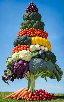 Variety of vegetables in shape of tree. Flat lay