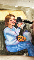 Close-up hand drawn watercolor sketch. POV drawing girl holding puppy in her arms using color pencil. Process of sketching. Film grain texture. Soft focus. Blur