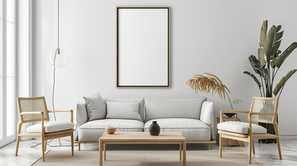 A minimalist living room setting with a carefully positioned poster frame as the focal point.