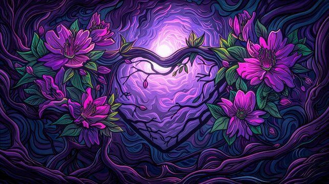   A heart-shaped painting in purple background, adorned with flowers and leaves At the heart's end, a beaming light