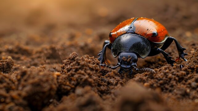 A closeup photograph of a black and orange beetle crawling through the dirt.