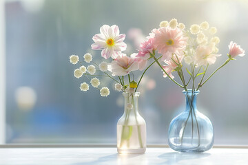 Serene Spring Morning: Fresh White Daisies and Delicate Pink Blooms in Glass Vases on Sunlit Windowsill