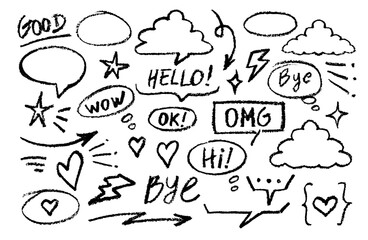 Set of comic speech bubbles with chalk texture in doodle effect and words hello wow bye omg hi ok good hand drawn for design in fun visual presentations with Crayon texture pencil effect. vector