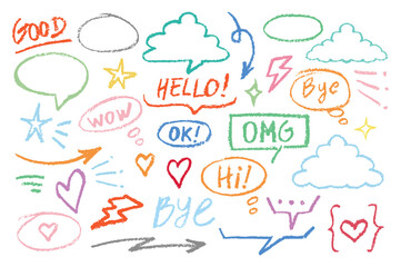 Set of colorful speech bubbles with chalk texture in doodle effect and words hello wow bye omg hi ok good hand drawn for design in fun visual presentations with Crayon texture pencil effect. vector 