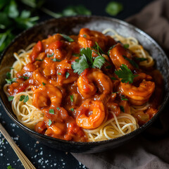  A bowl of pasta with saucy shrimp on top, food photography for food magazine website blog