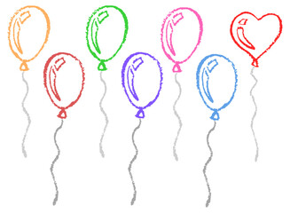 Set of colorful party balloons with chalk texture in doodle effect for birthday party days congratulations hand drawn for design in fun look with Crayon texture pencil effect. vector illustration