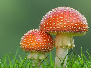 Close-up of red and white spotted mushrooms among green grass.