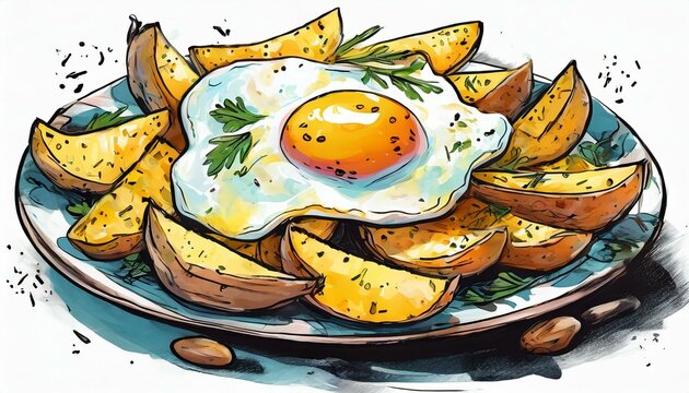 ilustración plato de huevo frito con patatas