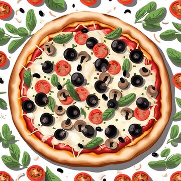 Delicious pizza with mushrooms and olives. Top view
