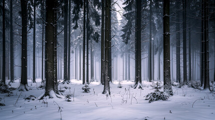 Snow forest. Forest. Midnight snow forest. Midnight dark background. Generative AI.