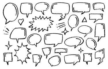 Set of comic speech bubbles with chalk texture on black hand drawn doodle effect for design in visual fun presentations with Crayon texture pencil effect. vector illustration