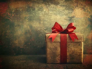 Foto op Plexiglas Old-style wrapped gift with red ribbon on a grunge texture background. © Jan