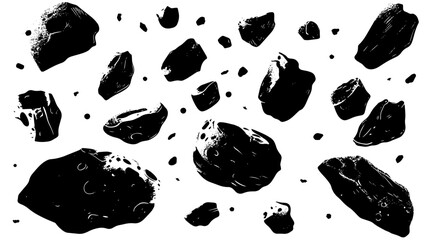 Collection of meteorites of various sizes isolated on white background - a view of the cosmic world