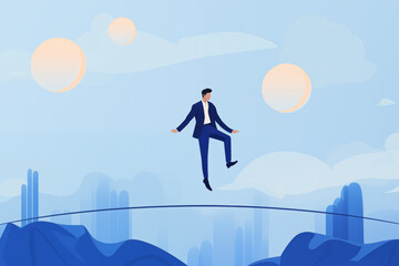 Business graphic vector modern style illustration of a business person balancing on a tight rope dangerous walking precarious fall falling failing unsure gamble