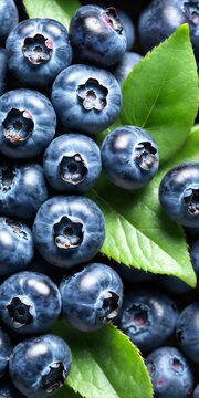 Fresh blueberry with green leaves. Food background.