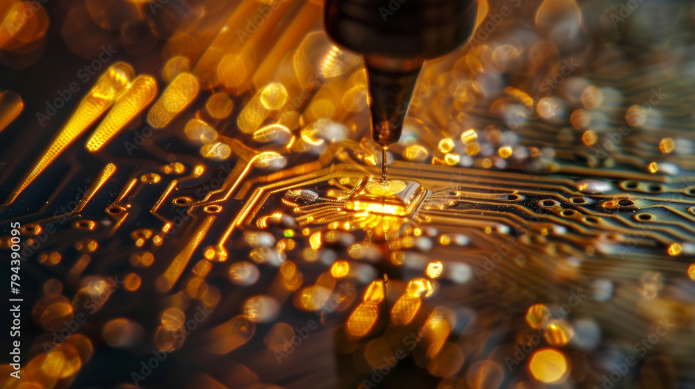 Poster a macro image of a small piece of crystal being carefully p onto a circuit board illustrating the in