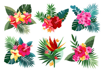 Tropical plant pattern. Set of exotic flower bouquets