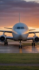 Obraz premium Commercial airplane finds itself stationed on tarmac, basking in soft glow of setting sun that paints serene picture of travel, aviation. Aircrafts sleek body, reflecting orange hues of sunset.