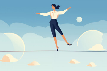 Business graphic vector modern style illustration of a business person balancing on a tight rope dangerous walking precarious fall falling failing unsure gamble