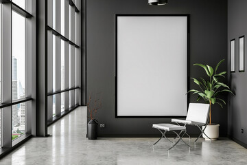 Sleek, minimalist office environment with pops of color and a blank white frame, encouraging...