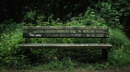 A wooden bench is sitting in a grassy field