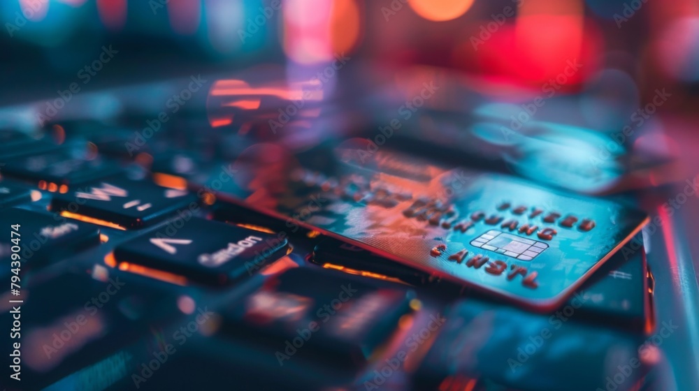 Poster close-up of circuit board on illuminated keyboard