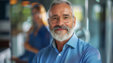 Fototapeta premium A man wearing a blue suit and a headset is smiling while talking on the phone. He is wearing a blue shirt underneath his suit jacket. a customer service employee white man middle aged