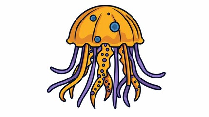   A yellow jellyfish sporting blue dots on its head and purplish tentacles