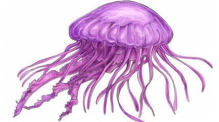   A purple jellyfish drawing on a white backdrop, featuring a clipping path at the image's bottom
