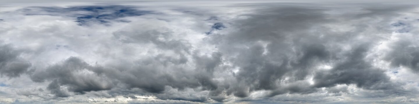 gray sky hdri 360 panorama with dark clouds before storm in seamless projection with zenith for use in 3d graphics or game development as sky dome or edit drone shot for sky replacement